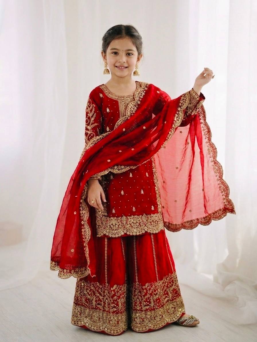 Girls Fendy Silk Sequin Embroidered Red Color Palazzo Suit