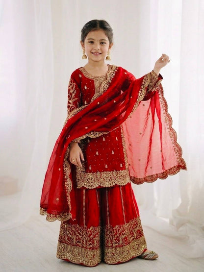 Girls Fendy Silk Sequin Embroidered Red Color Palazzo Suit