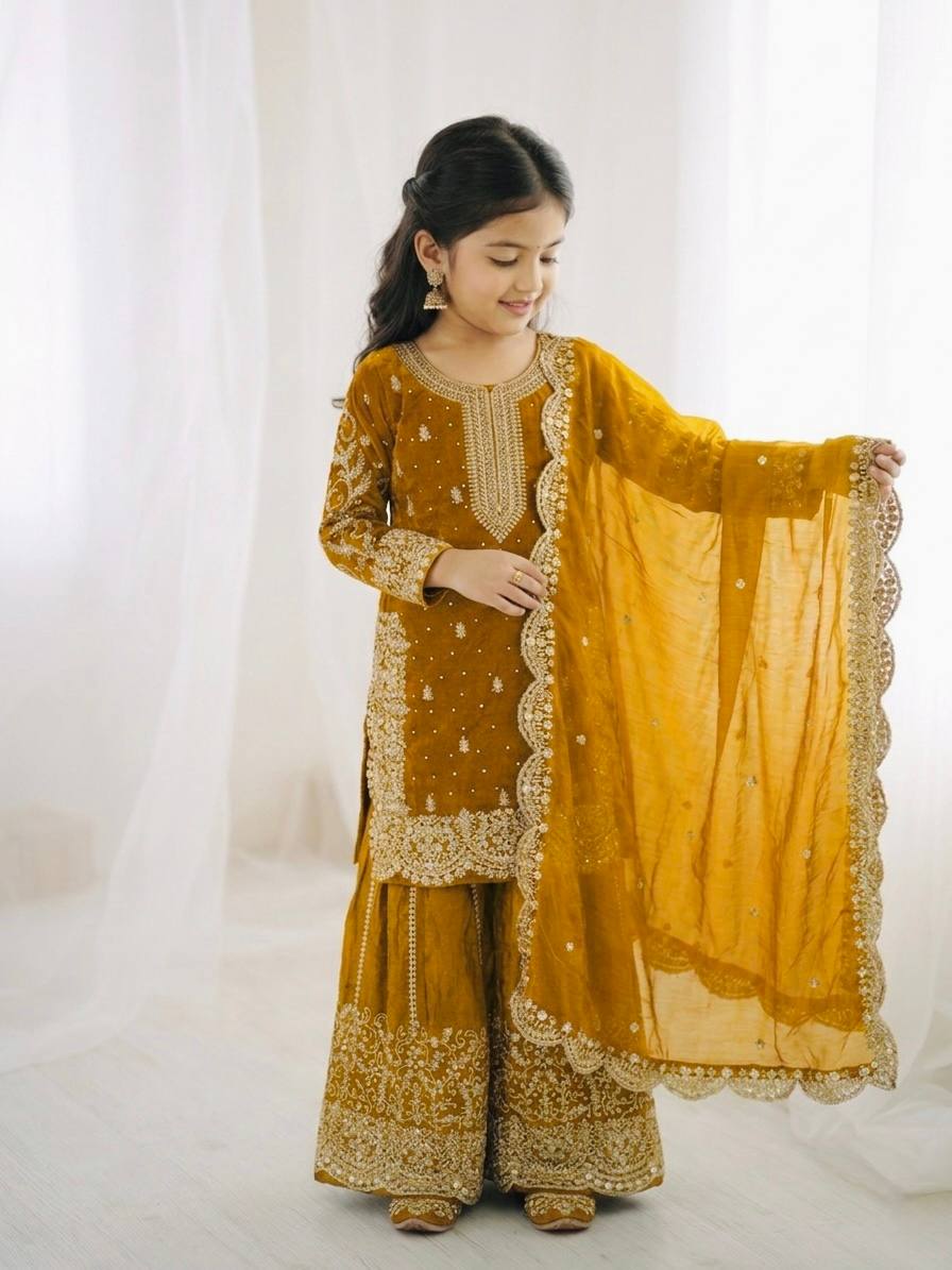 Girls Fendy Silk Sequin Embroidered Mustard Color Palazzo Suit