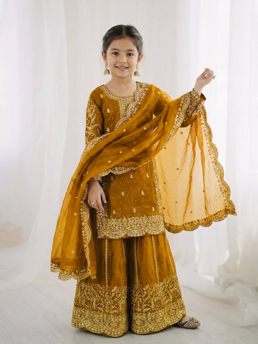 Girls Fendy Silk Sequin Embroidered Mustard Color Palazzo Suit
