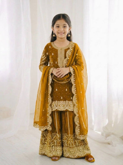 Girls Fendy Silk Sequin Embroidered Mustard Color Palazzo Suit