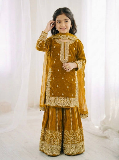 Girls Fendy Silk Sequin Embroidered Mustard Color Palazzo Suit