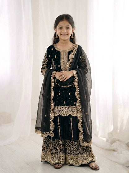 Girls Fendy Silk Sequin Embroidered Black Color Palazzo Suit