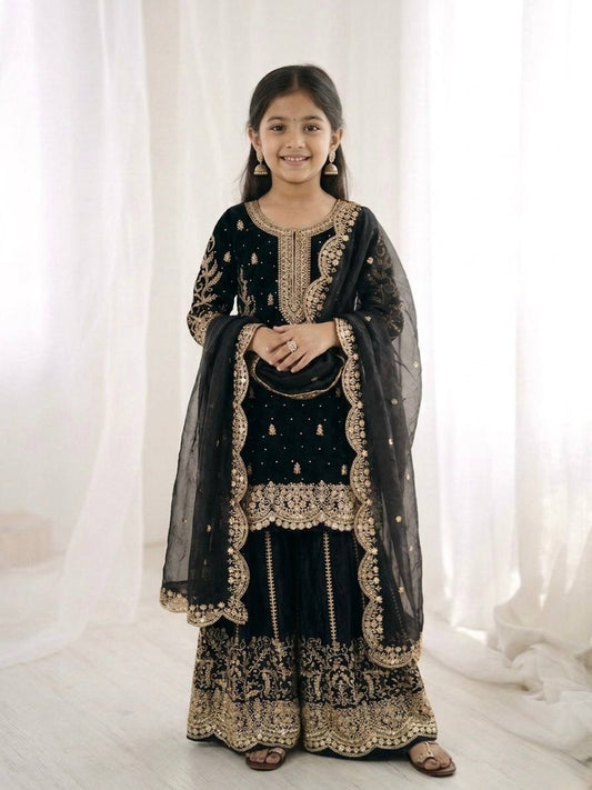 Girls Fendy Silk Sequin Embroidered Black Color Palazzo Suit