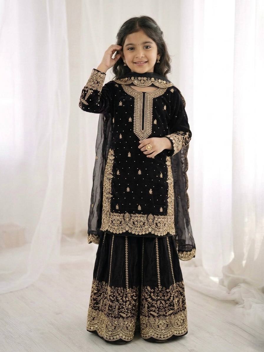 Girls Fendy Silk Sequin Embroidered Black Color Palazzo Suit