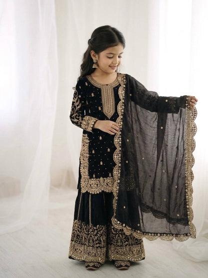 Girls Fendy Silk Sequin Embroidered Black Color Palazzo Suit