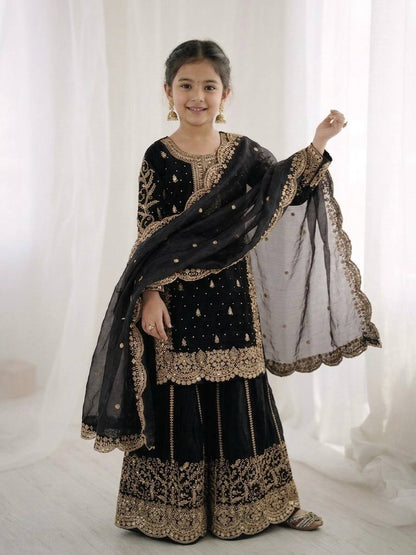Girls Fendy Silk Sequin Embroidered Black Color Palazzo Suit