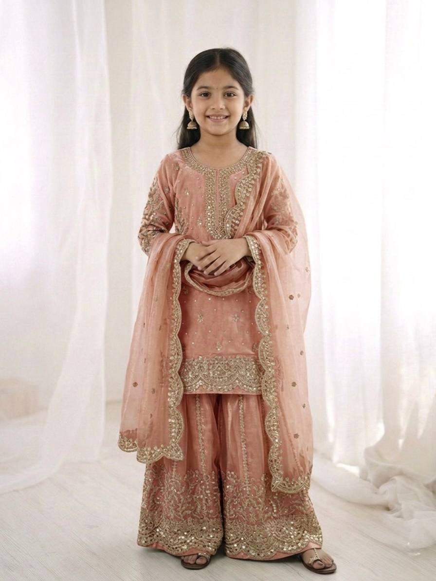 Girls Fendy Silk Sequin Embroidered Peach Color Palazzo Suit