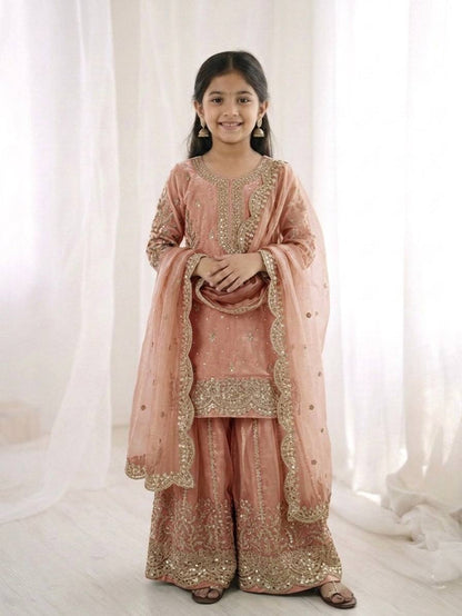 Girls Fendy Silk Sequin Embroidered Peach Color Palazzo Suit
