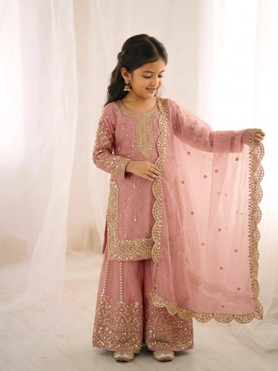 Girls Fendy Silk Sequin Embroidered Peach Color Palazzo Suit