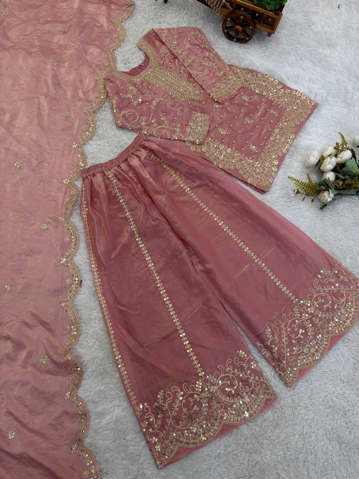 Girls Fendy Silk Sequin Embroidered Peach Color Palazzo Suit