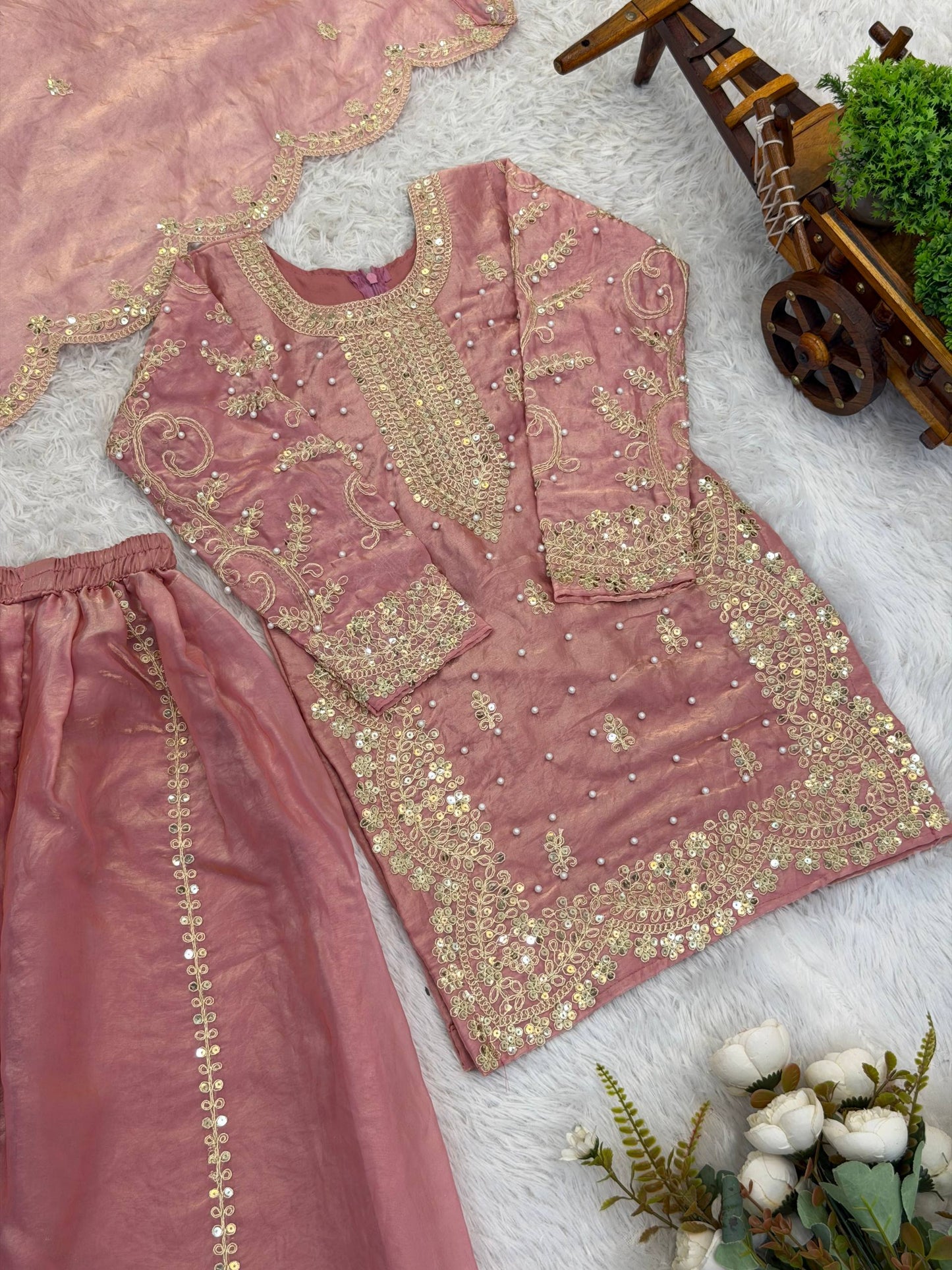 Girls Fendy Silk Sequin Embroidered Peach Color Palazzo Suit