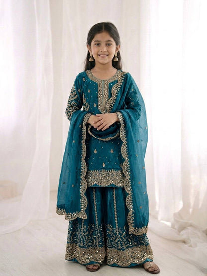Girls Fendy Silk Sequin Embroidered Teal Blue Color Palazzo Suit