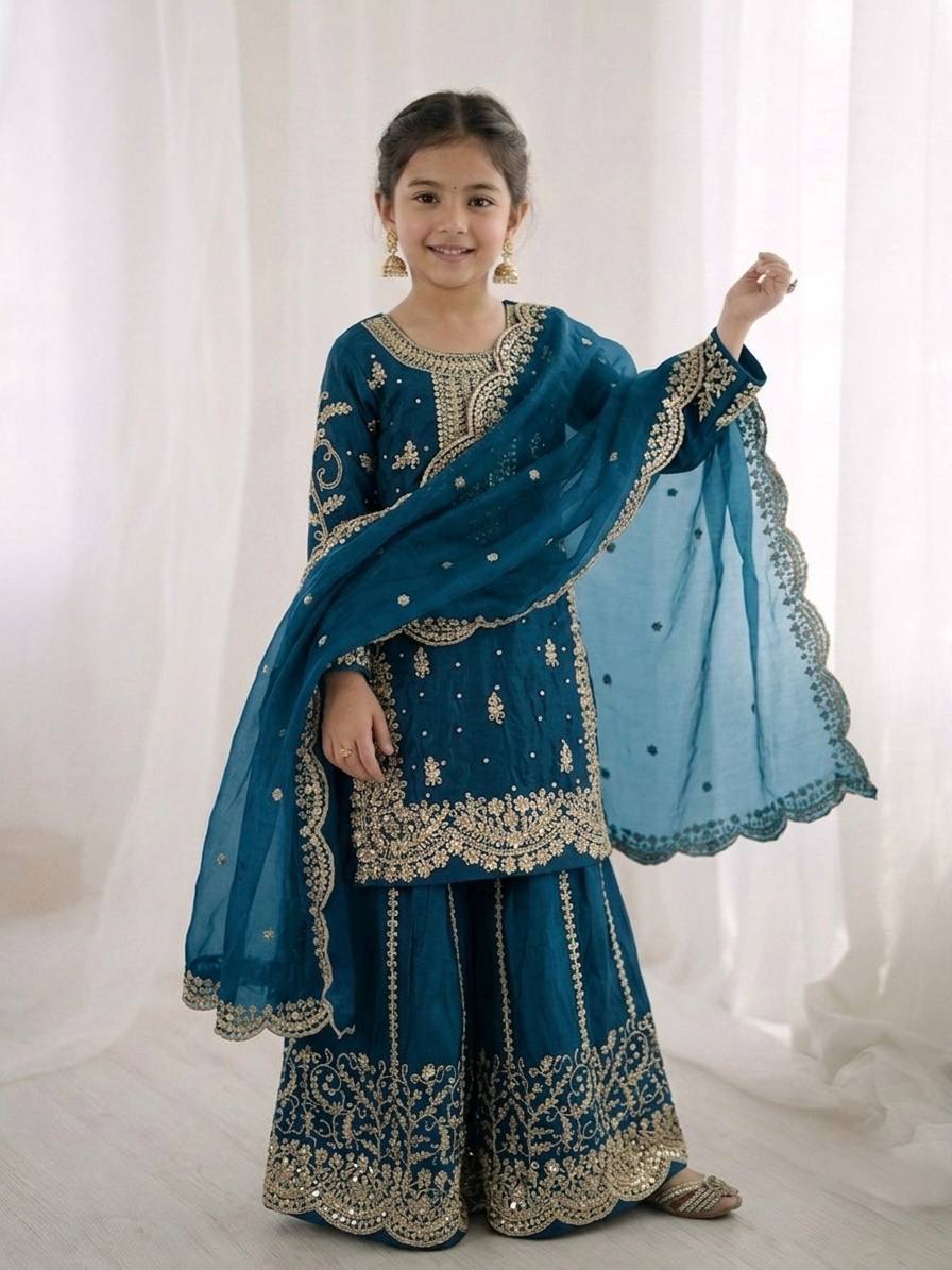 Girls Fendy Silk Sequin Embroidered Teal Blue Color Palazzo Suit