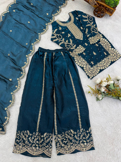 Girls Fendy Silk Sequin Embroidered Teal Blue Color Palazzo Suit