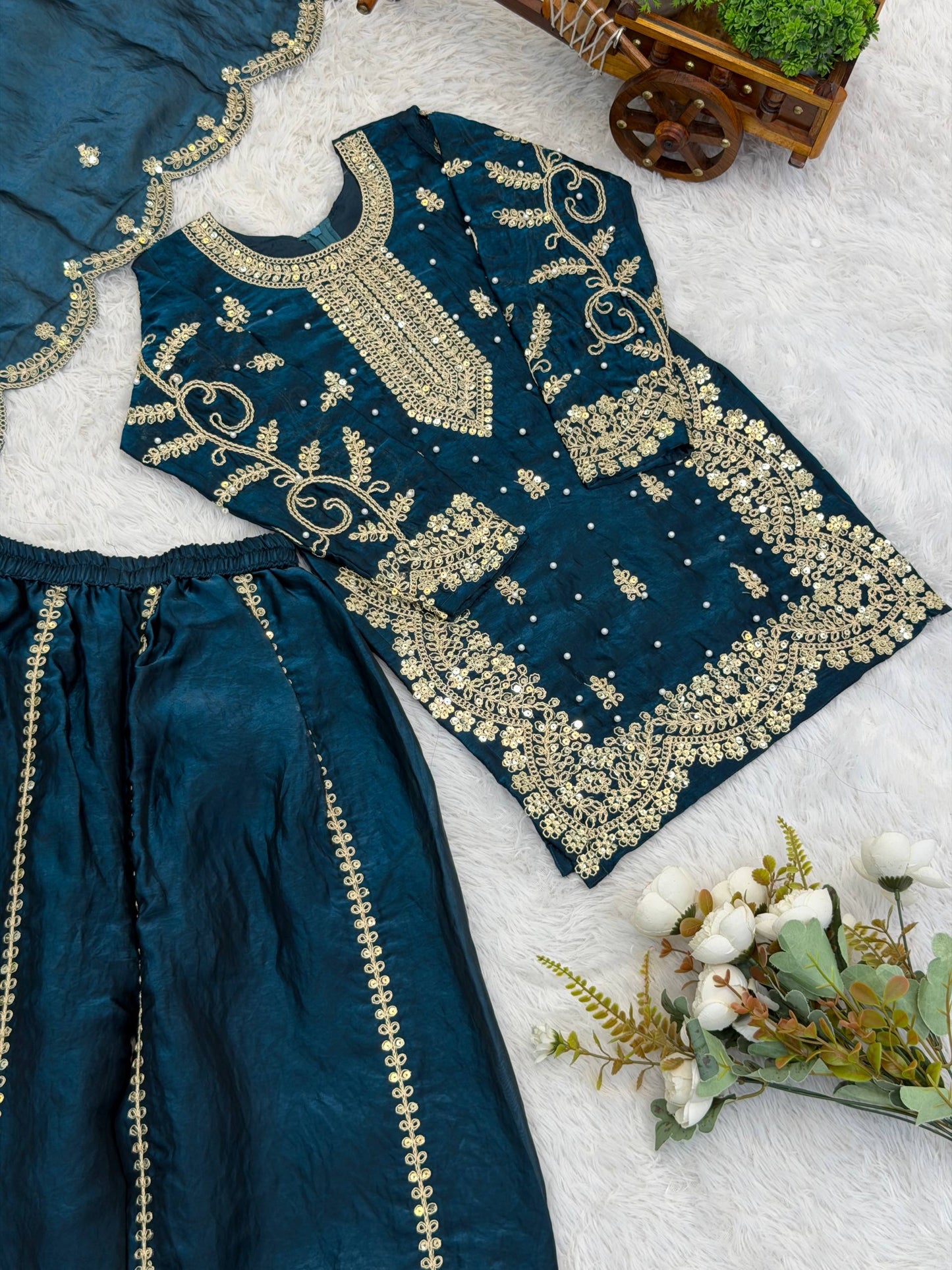 Girls Fendy Silk Sequin Embroidered Teal Blue Color Palazzo Suit
