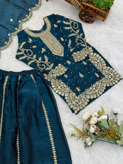 Girls Fendy Silk Sequin Embroidered Teal Blue Color Palazzo Suit