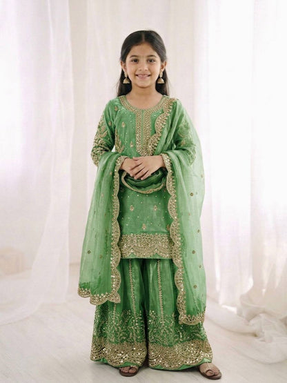 Girls Fendy Silk Sequin Embroidered Parrot Green Color Palazzo Suit