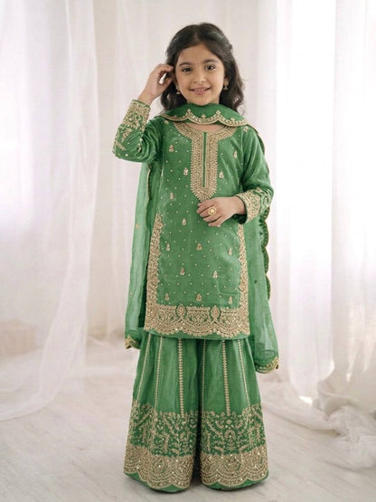 Girls Fendy Silk Sequin Embroidered Parrot Green Color Palazzo Suit