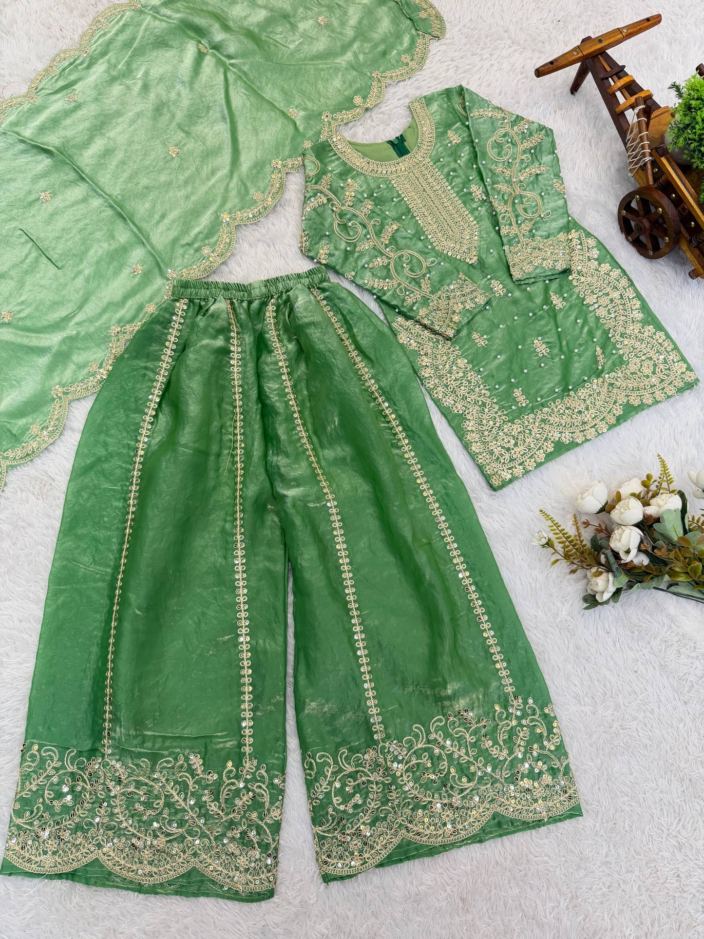 Girls Fendy Silk Sequin Embroidered Parrot Green Color Palazzo Suit