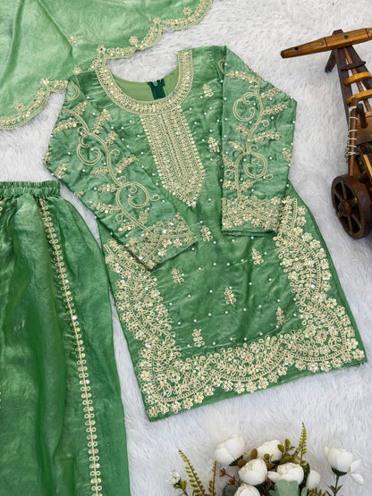 Girls Fendy Silk Sequin Embroidered Parrot Green Color Palazzo Suit