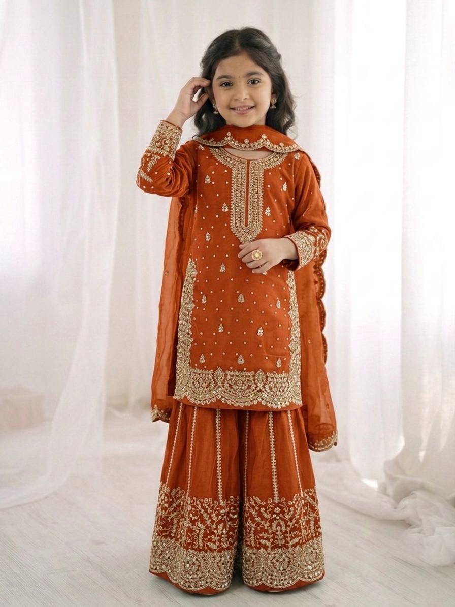 Girls Fendy Silk Sequin Embroidered Orange Color Palazzo Suit
