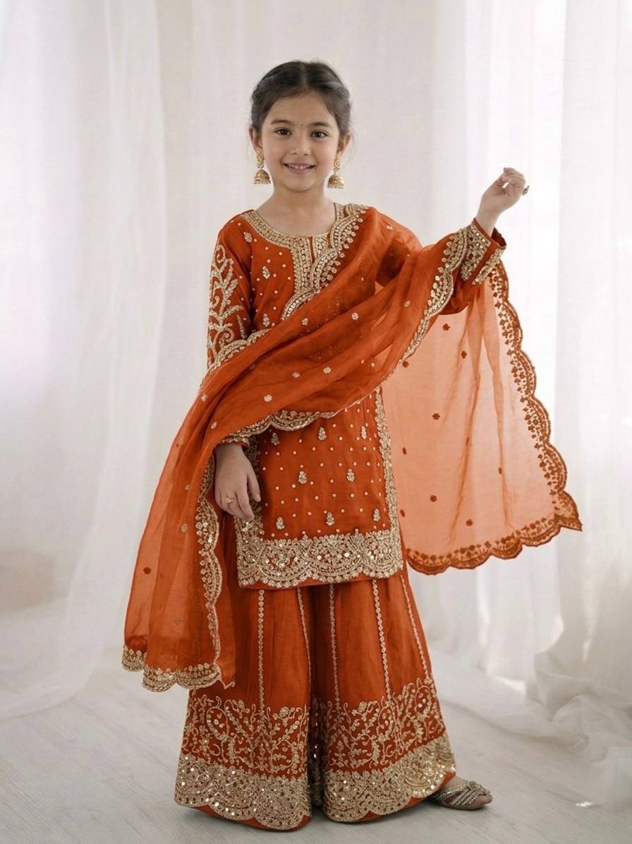 Girls Fendy Silk Sequin Embroidered Orange Color Palazzo Suit