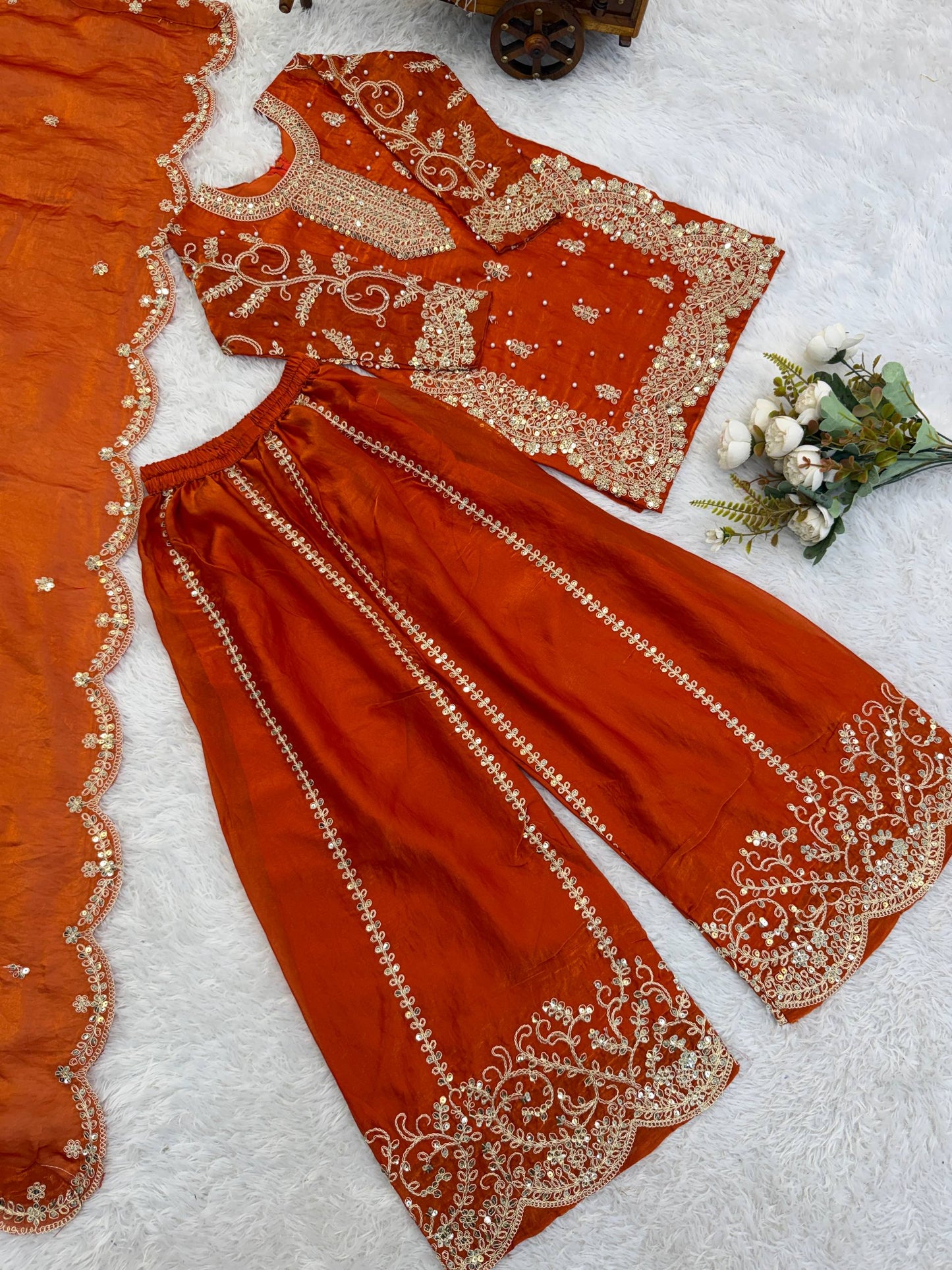 Girls Fendy Silk Sequin Embroidered Orange Color Palazzo Suit