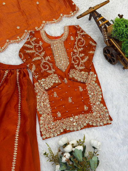Girls Fendy Silk Sequin Embroidered Orange Color Palazzo Suit