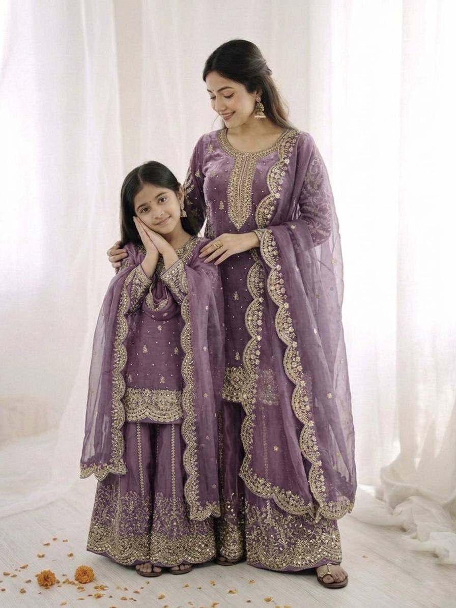 Mother And Daughter Maching Fendy Silk Sequin Embroidered Palazzo Suit