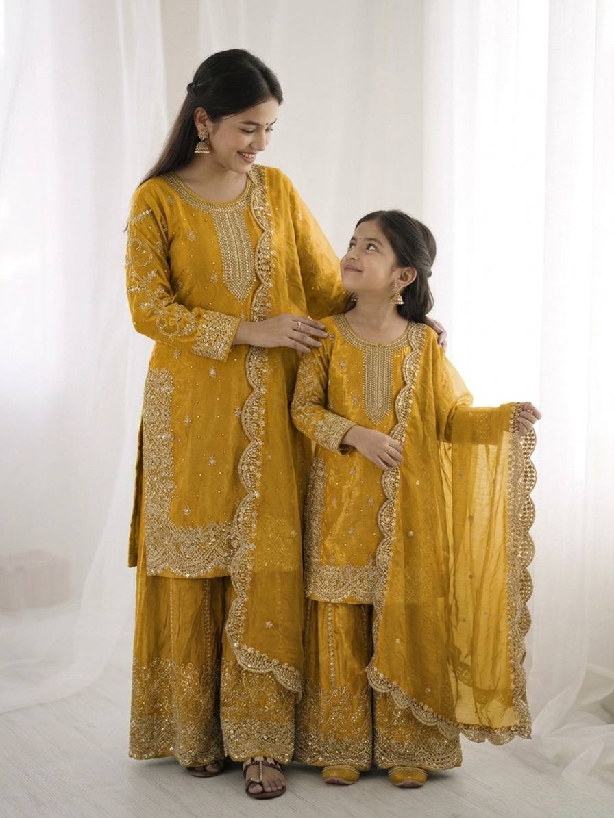 Mother And Daughter Maching Fendy Silk Sequin Embroidered Palazzo Suit