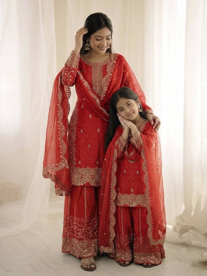 Mother And Daughter Maching Fendy Silk Sequin Embroidered Palazzo Suit