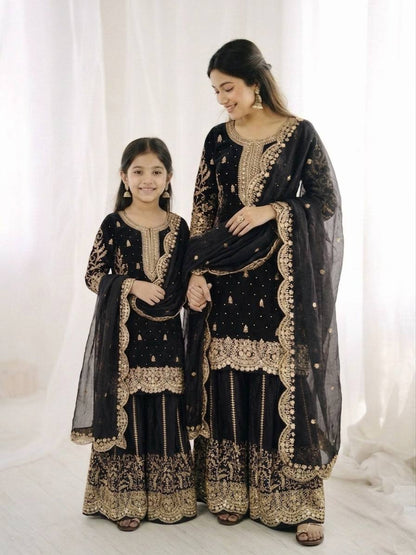 Mother And Daughter Maching Fendy Silk Sequin Embroidered Palazzo Suit