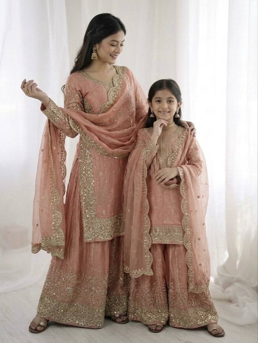 Mother And Daughter Maching Fendy Silk Sequin Embroidered Palazzo Suit