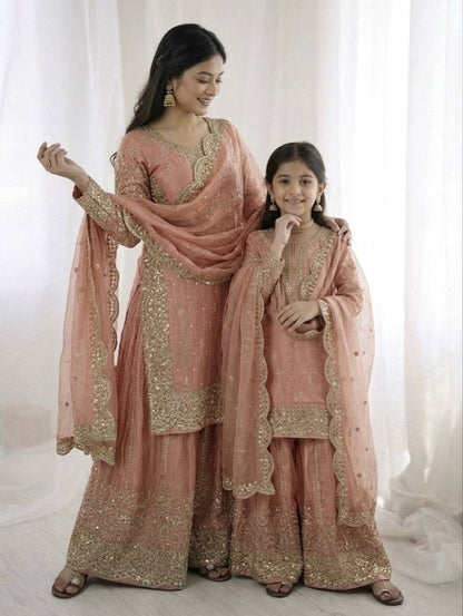 Mother And Daughter Maching Fendy Silk Sequin Embroidered Palazzo Suit