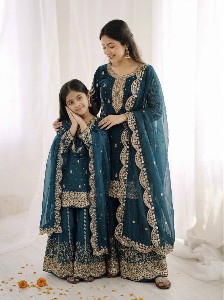 Mother And Daughter Maching Fendy Silk Sequin Embroidered Palazzo Suit