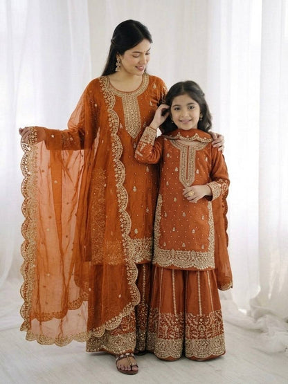 Mother And Daughter Maching Fendy Silk Sequin Embroidered Palazzo Suit