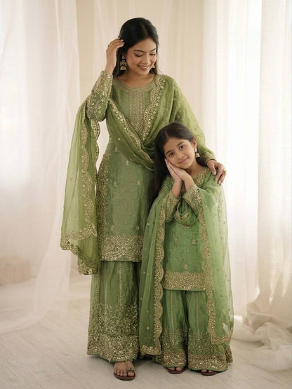 Mother And Daughter Maching Fendy Silk Sequin Embroidered Palazzo Suit