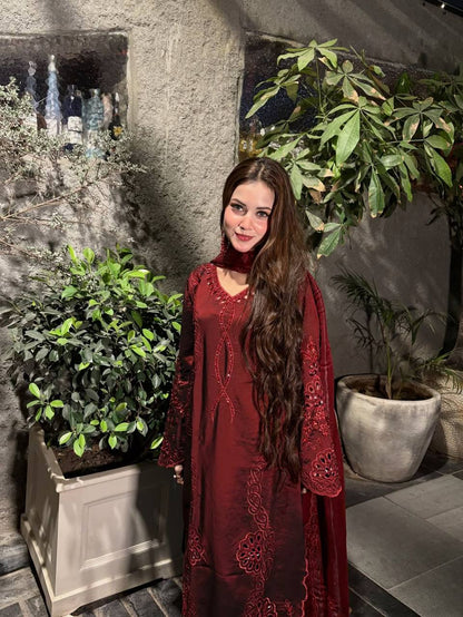 Wedding Wear Maroon Color Embroidery Work Ready To Wear Palazzo Suit