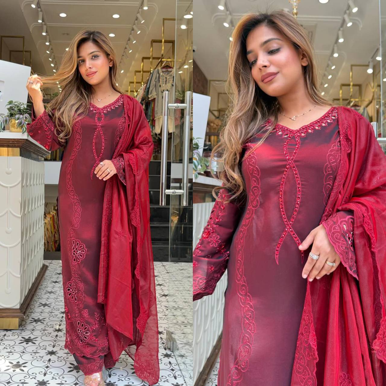 Wedding Wear Maroon Color Embroidery Work Ready To Wear Palazzo Suit