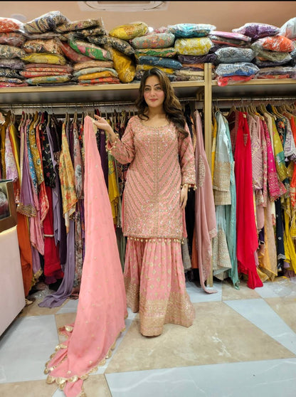 Gorgeous Peach Color Faux Georgette With Embroidery Sequence Work Sharara Suit