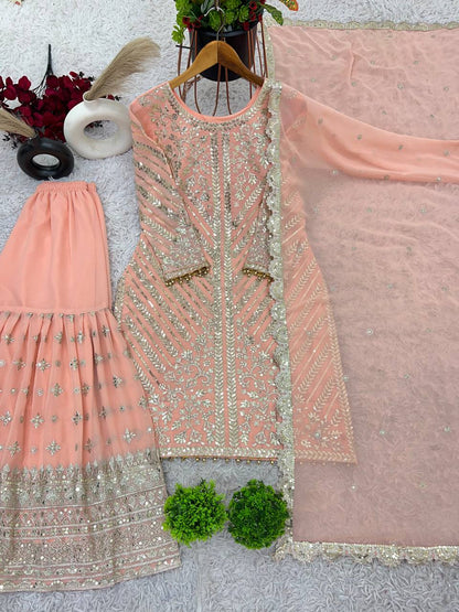 Gorgeous Peach Color Faux Georgette With Embroidery Sequence Work Sharara Suit