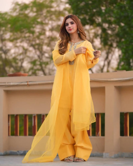 Gorgeous Yellow Color Faux Georgette And Embroidery With Hand work And Beads Salwar Suit