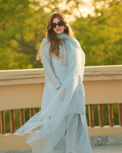 Trendy Sky Color Faux Georgette And Embroidery With Hand work And Beads Salwar Suit