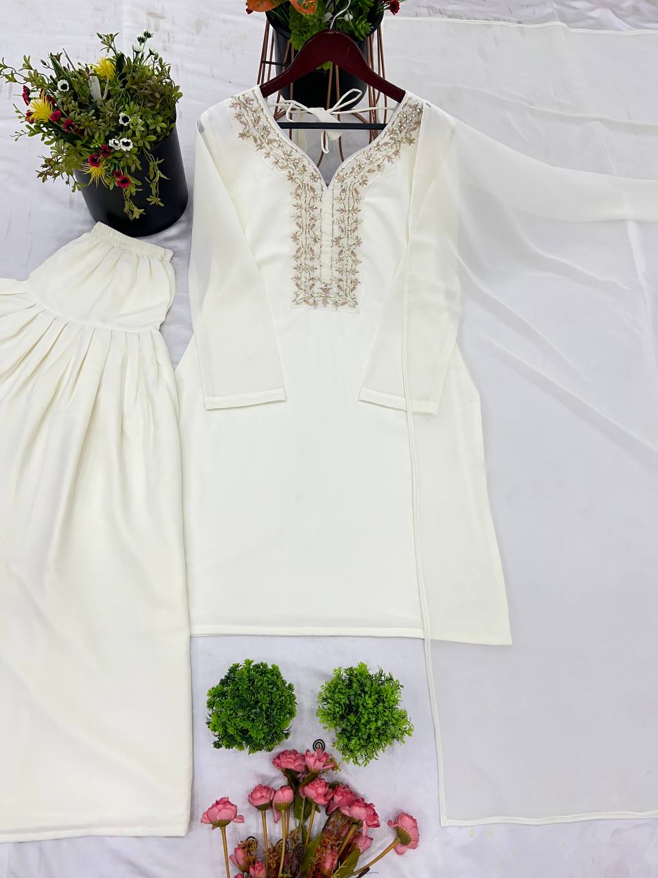 Exclusive White Color Faux Georgette And Embroidery With Hand work And Beads Salwar Suit