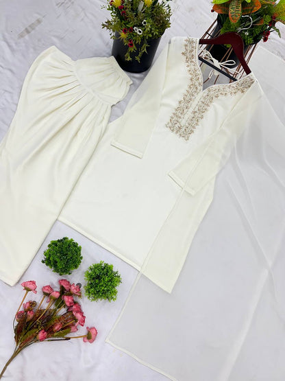 Exclusive White Color Faux Georgette And Embroidery With Hand work And Beads Salwar Suit