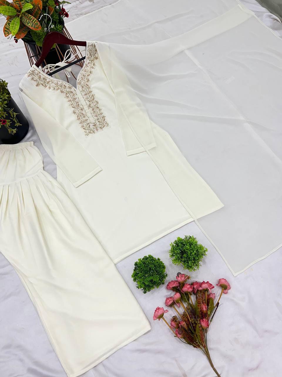 Exclusive White Color Faux Georgette And Embroidery With Hand work And Beads Salwar Suit