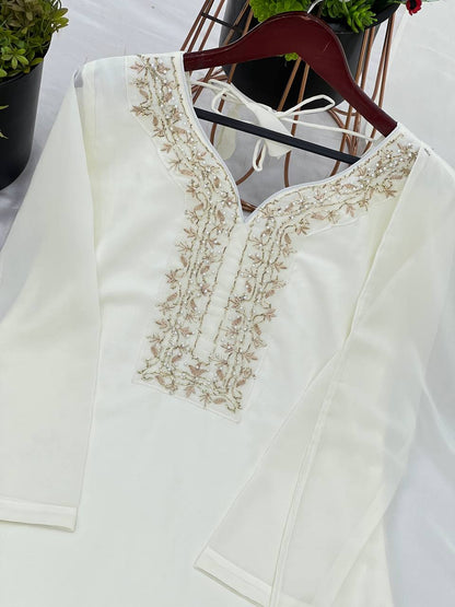 Exclusive White Color Faux Georgette And Embroidery With Hand work And Beads Salwar Suit
