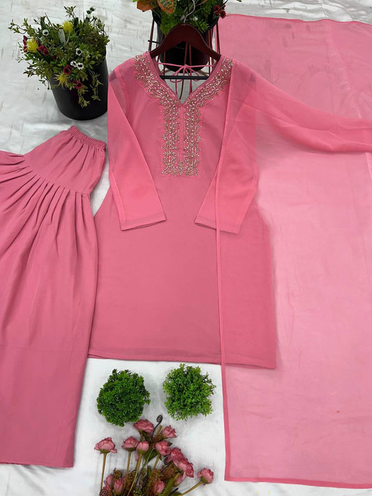 Stylish Pink Color Faux Georgette And Embroidery With Hand work And Beads Salwar Suit