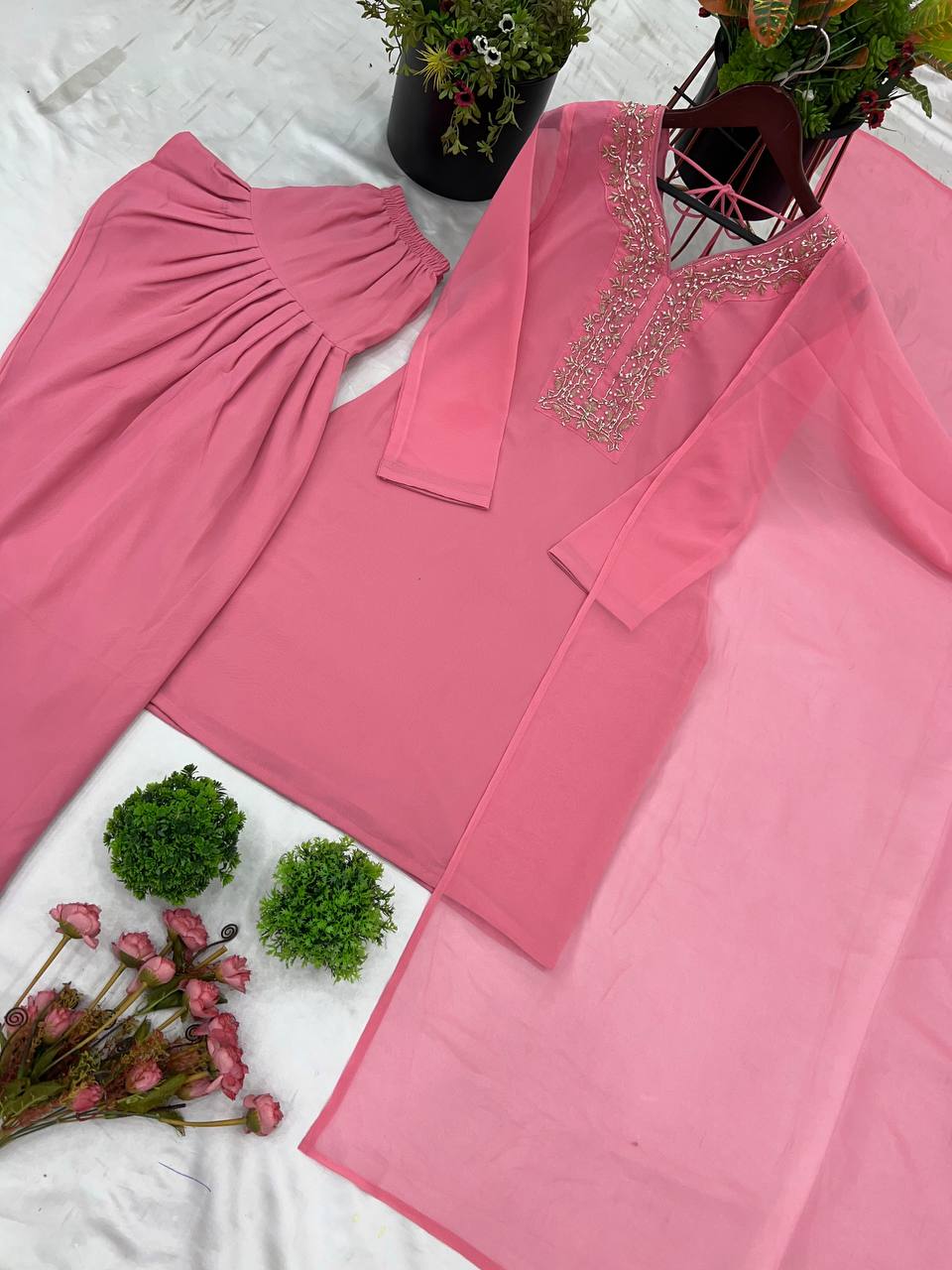 Stylish Pink Color Faux Georgette And Embroidery With Hand work And Beads Salwar Suit